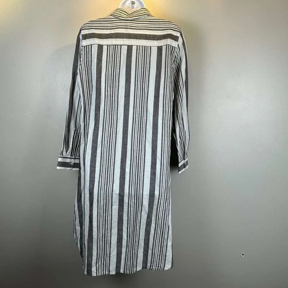Chicos Striped Linen Cotton Swim Cover Up Shirt Dress Grey White Size 1P Medium‎